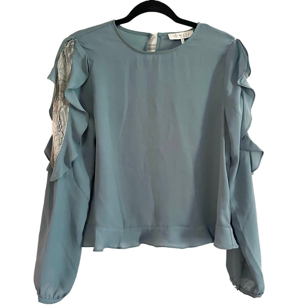 WAYF Dusty Blue Lace Panel Ruffle Sleeve Pearl Button Top Shirt Blouse - Small